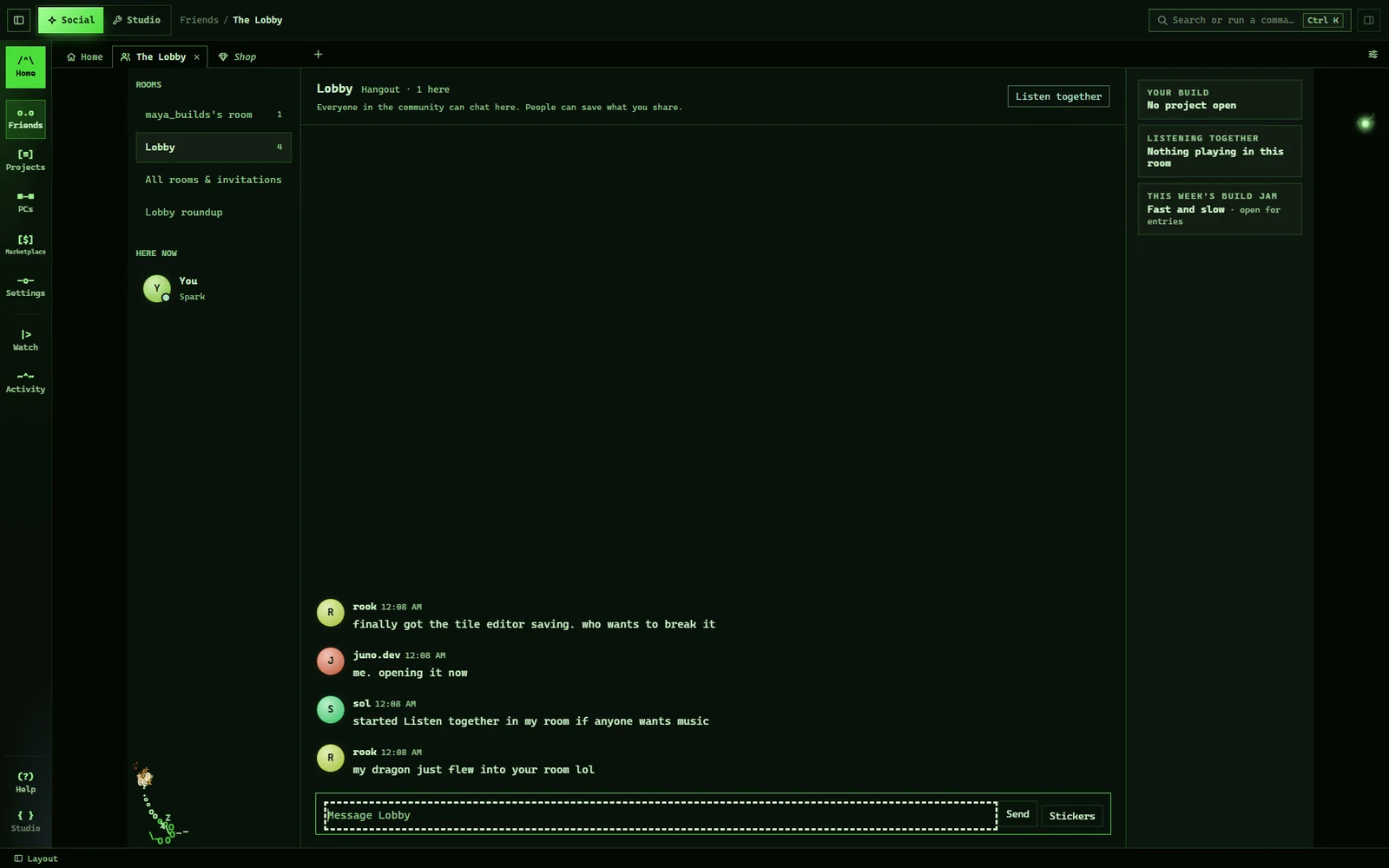 The Lobby in the ASCII look, green monospace on black.