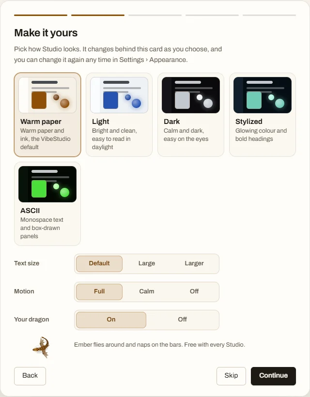 The app's first-run look picker: Warm paper, Light, Dark, Stylized and ASCII, with text size, motion and your dragon.