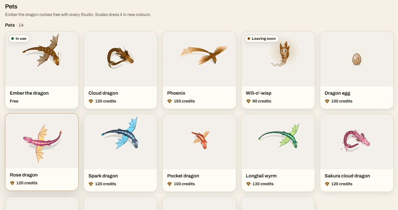 The Shop's pets in the app: Ember the dragon (free), a cloud dragon, a phoenix, a will-o'-wisp, a dragon egg and more, priced in credits.
